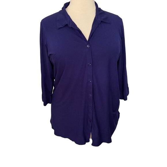 Eileen Fisher Size 2X Purple Organic Cotton Easy Jersey 3/4 Sleeve Button Shirt - Picture 1 of 11